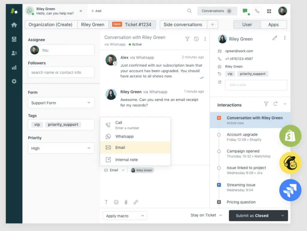 Screenshot of Zendesk software