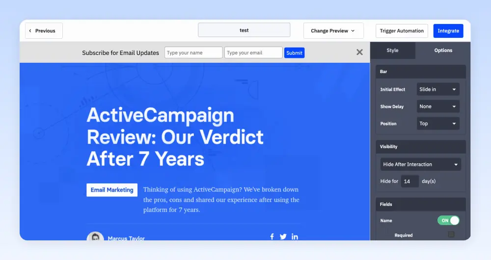 Building a floating bar form in ActiveCampaign