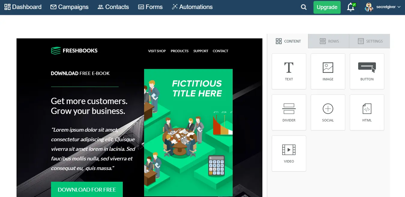 FreshBooks dashboard showcasing free e-book download promotion.