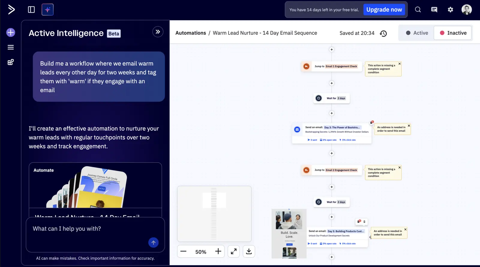 ActiveCampaign automation builder showing a warm lead nurture email sequence.