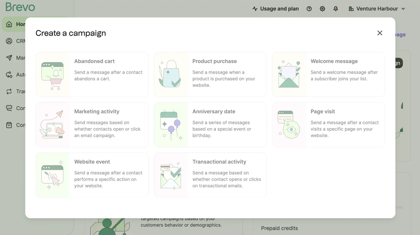 Brevo's workflow template gallery with pre-built automation templates for welcome series, abandoned cart, and re-engagement campaigns