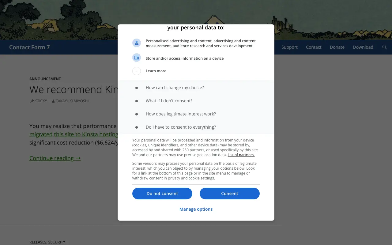Contact Form 7 settings page showing user consent options.