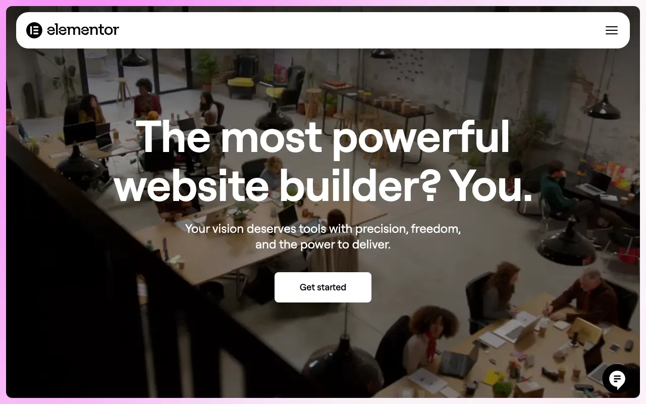 Elementor homepage showcasing the website builder interface and workspace.