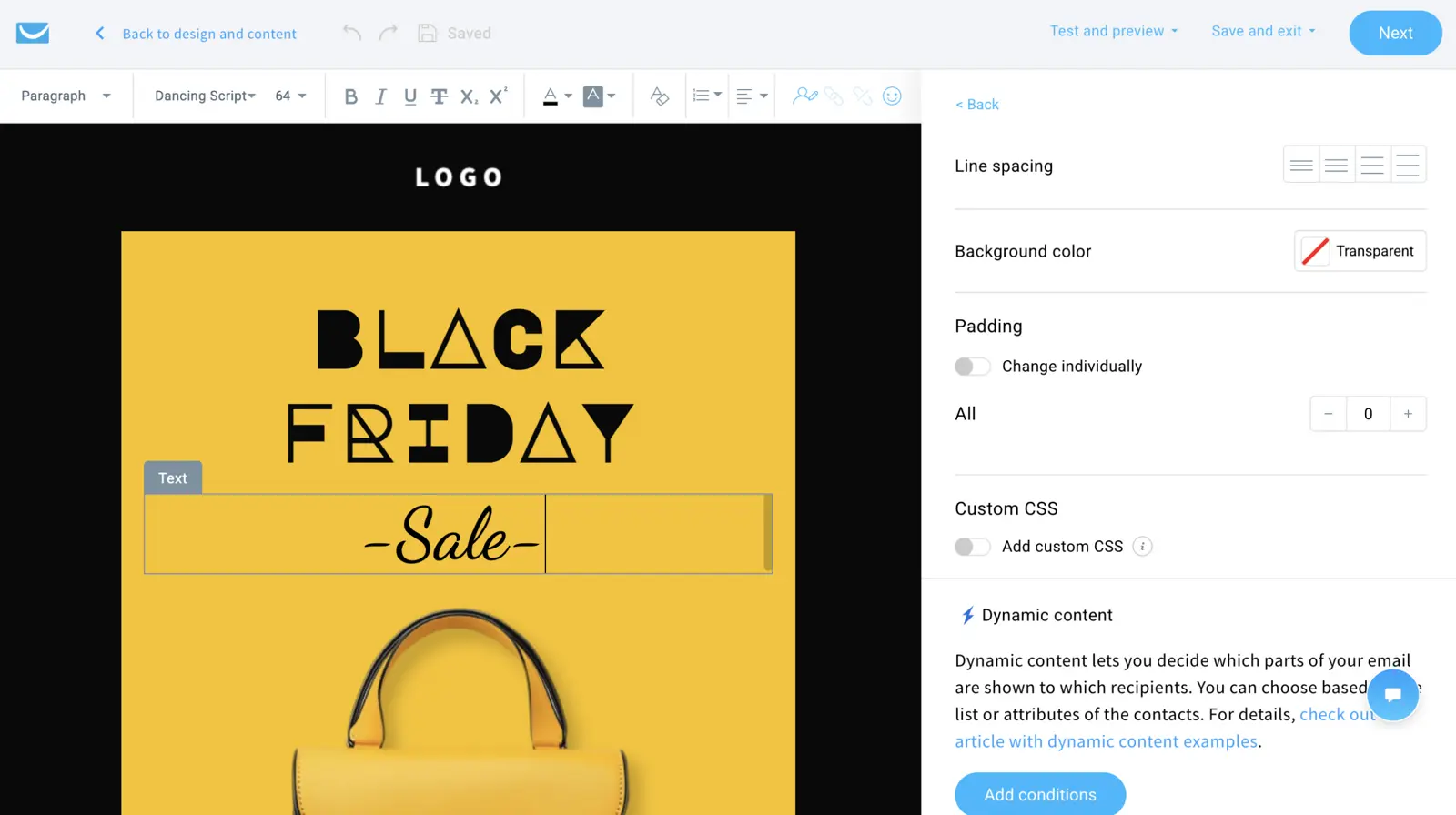 GetResponse email designer interface showing template editing with drag-and-drop content blocks
