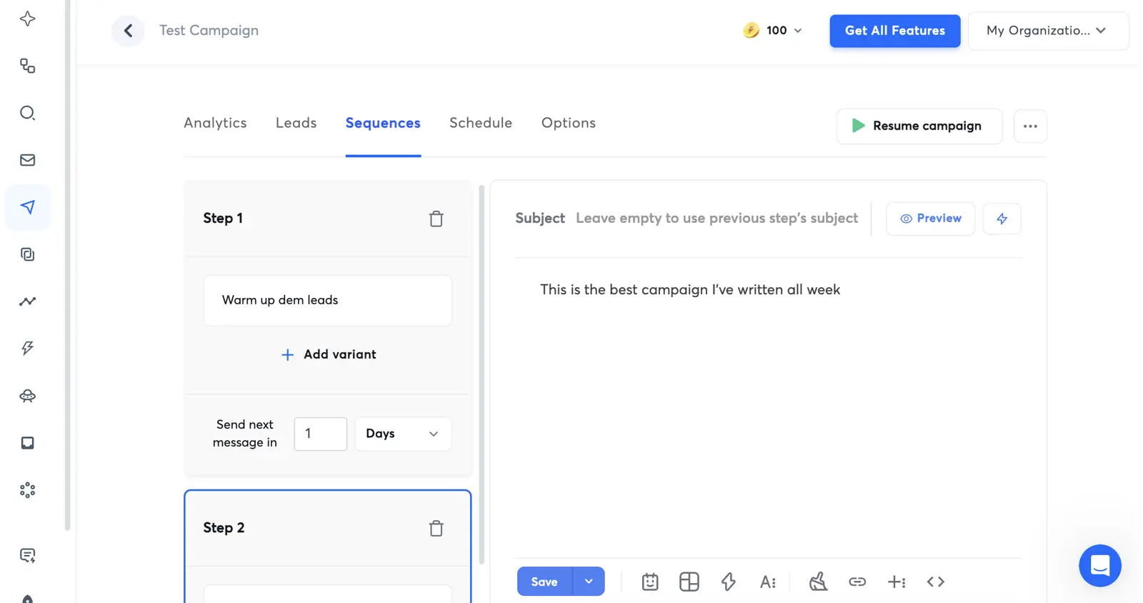 Instantly's campaign sequence builder showing a multi-step cold outreach sequence with email steps and delay timers