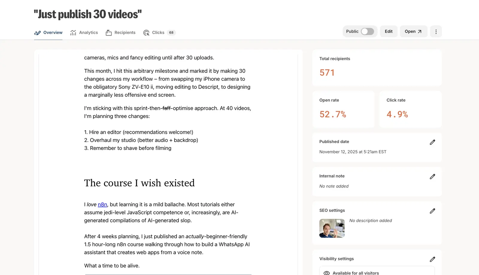 Kit's broadcast email composer with a clean, minimal writing interface designed for creators