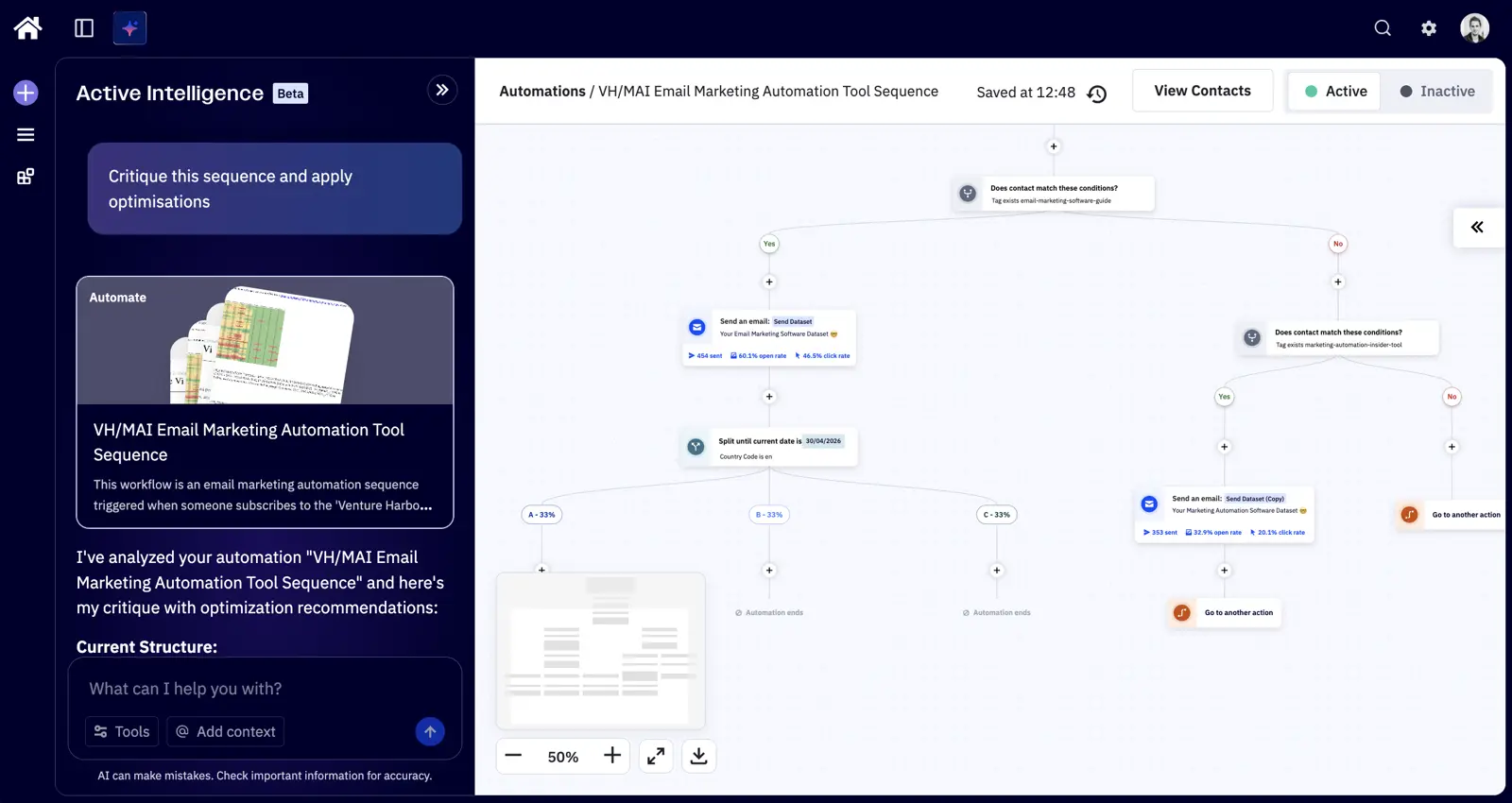 ActiveCampaign Active Intelligence dashboard surfacing AI-driven campaign insights, engagement predictions and recommended next actions.