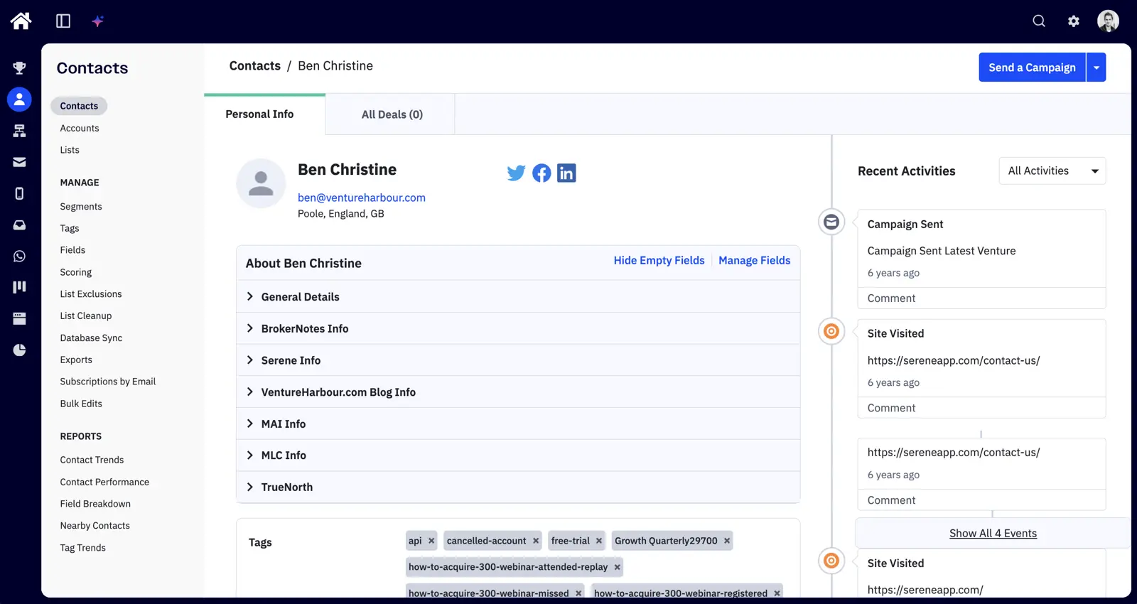 ActiveCampaign contact record showing profile fields, lead score, tags and an activity timeline of email and automation interactions.