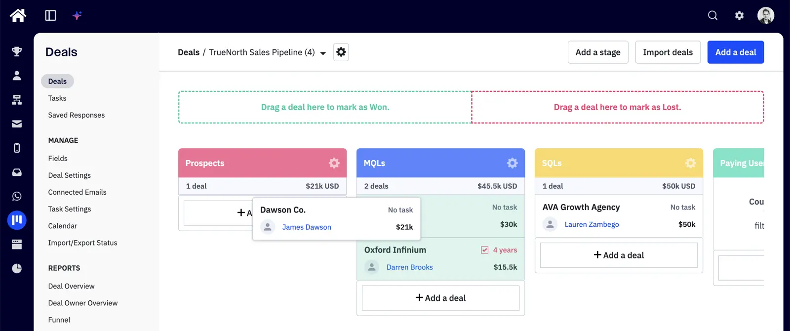 ActiveCampaign CRM deal pipeline with deals organised across stages, each card showing the company, value and owner.