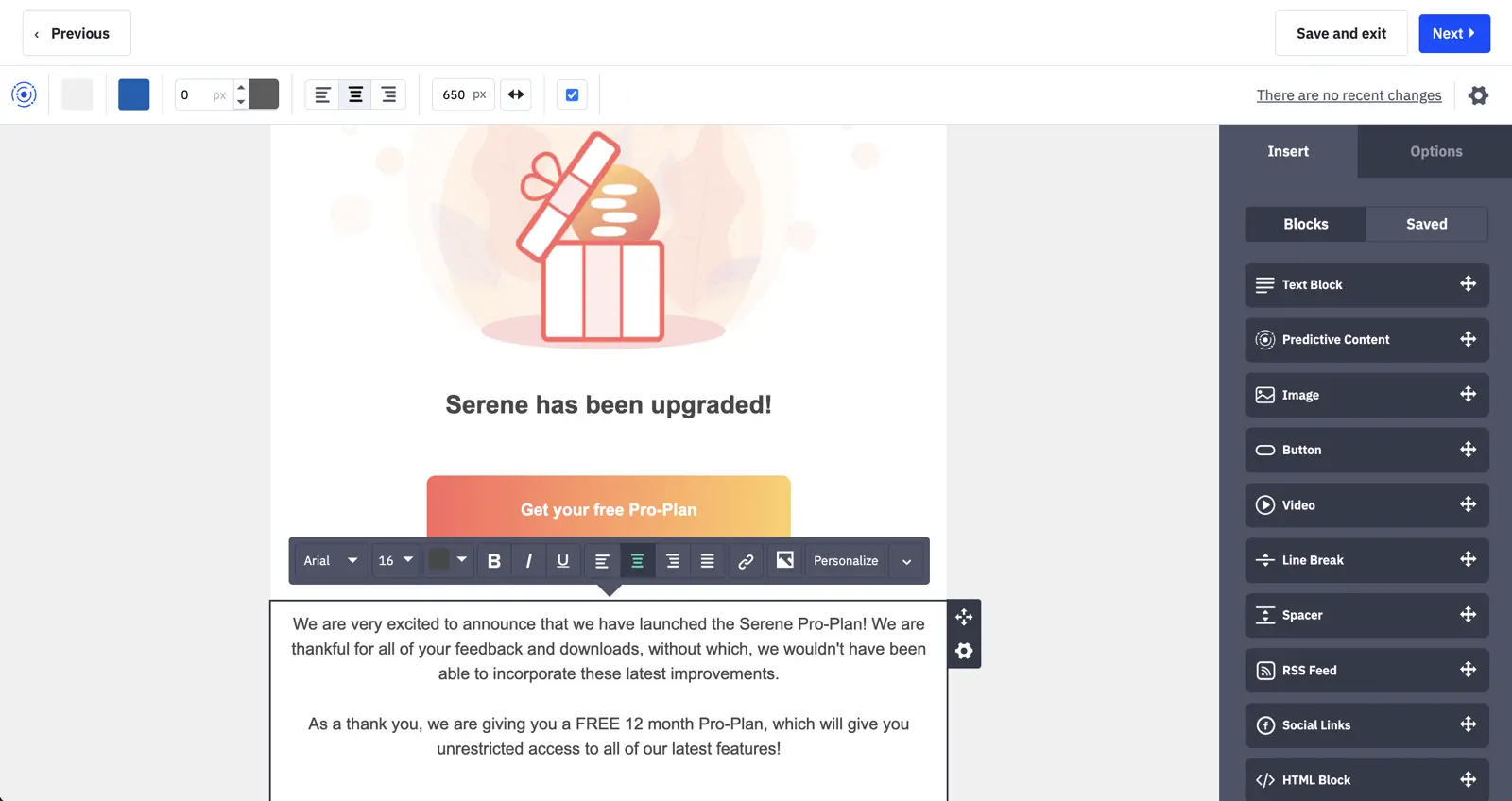 ActiveCampaign drag-and-drop email campaign builder with the visual canvas on the left and the Active Intelligence conversation panel on the right for prompting AI to draft the email.