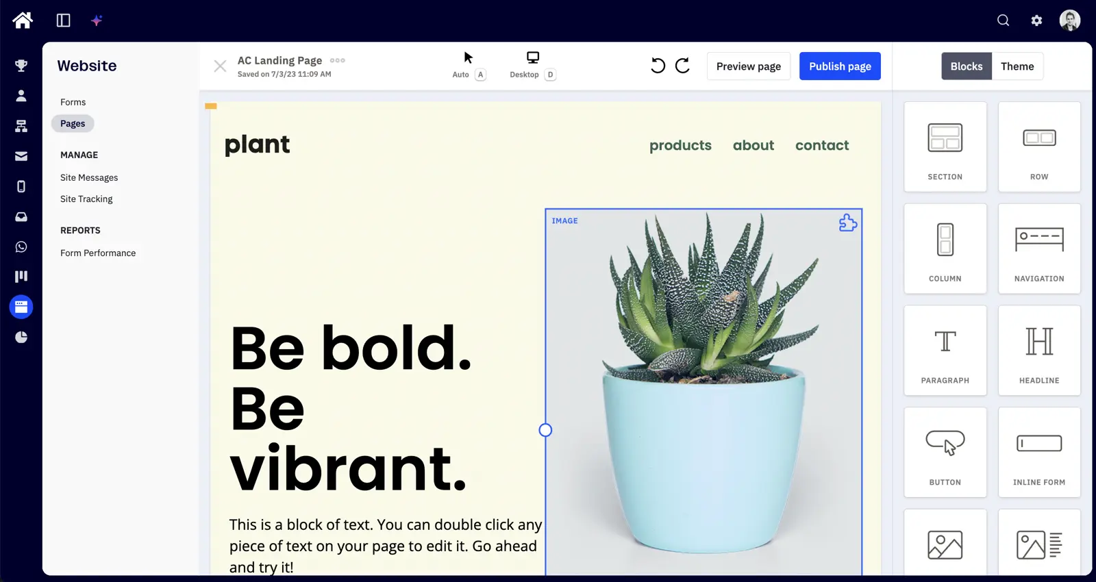 ActiveCampaign landing page editor with the visual canvas on the left and a content-block panel on the right for adding headlines, forms, images and CTAs.