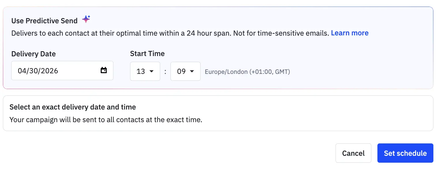 ActiveCampaign predictive sending choosing the optimal send time per individual contact based on their historical engagement.