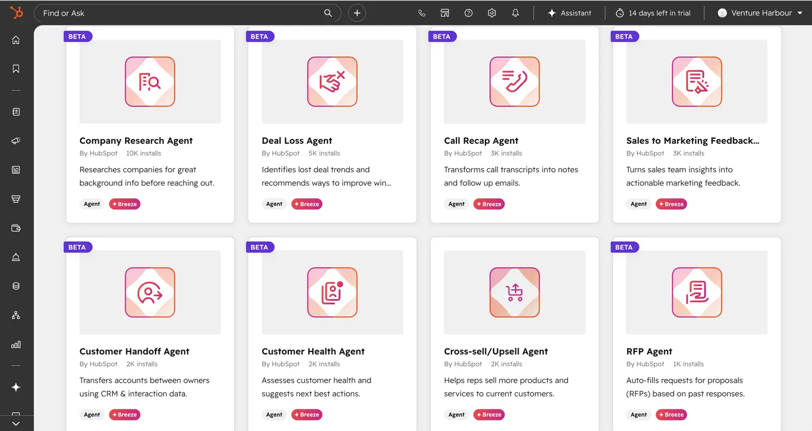 HubSpot Breeze AI action library — Customer Agent, Data Agent, Prospecting Agent and Smart Property actions inside the workflow editor