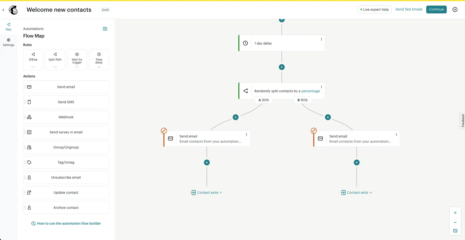 Mailchimp's automation flow builder showing a one-day delay, a random split path and two email branches.