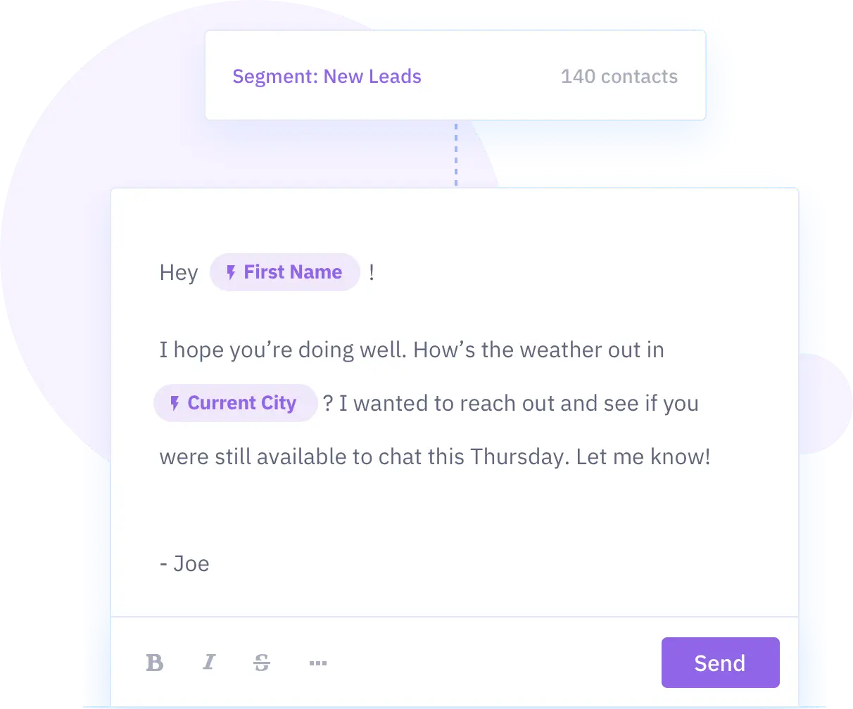 ActiveCampaign email personalization example with contact segment and message template.