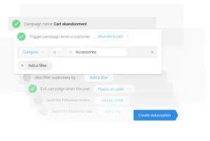 Process automation flow showing cart abandonment campaign setup.