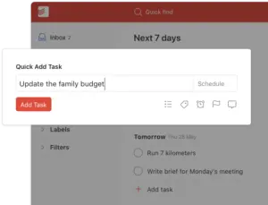 Todoist quick add task feature displaying a task entry for updating the family budget.