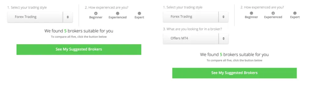 Tool showing a conditional logic form for user selections in a trading platform.