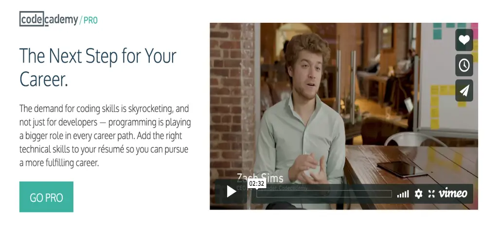 Codecademy promotional video featuring Zach Sims discussing career growth in coding.