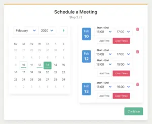 Ings scheduling interface showing a calendar and available time slots.